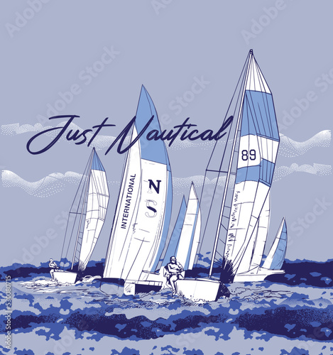 Vector illustration background of cartoon sailing regatta with many yachts on horizon in blue tone.