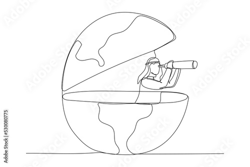 Cartoon of arab businessman open globe using telescope looking for vision to new opportunity. Work or investment, searching for oversea business concept. Single continuous line art style