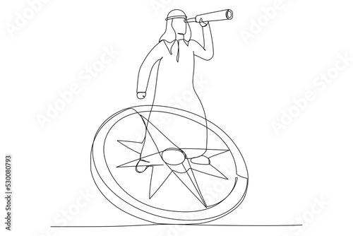 Drawing of arab businessman standing on compass showing direction. Symbol of strategy, future vision. Single line art style