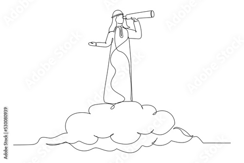 Illustration of arab businessman riding cloud holding telescope or binocular to search for business visionary. Opportunity, vision company target concept. One continuous line art style