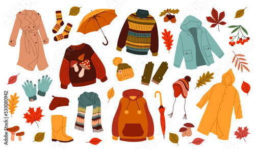 Autumn clothing. Casual wears, outdoor outfits, rainy season accessories, shoes, raincoats and gloves, warm sweaters and hats, umbrella and orange leaves, tidy vector cartoon flat set