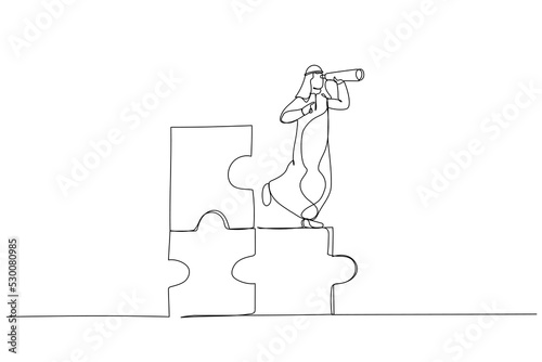 Drawing of arab businessman standing on uncompleted jigsaw looking for missing piece. Finding solution concept. Single line art style