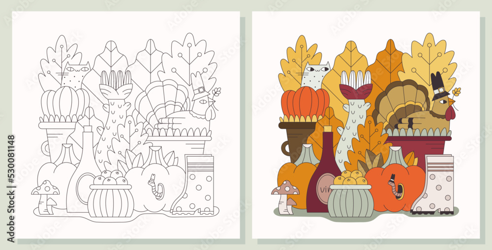 Fototapeta premium Thanksgiving Day. Vector coloring book page. Hand drawn outline illustration. Autumn vibes
