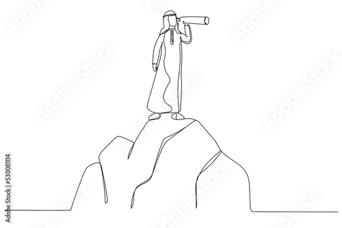 Cartoon of arab businessman standing on top of mountain, Looking of success. Business finance, leadership, business Startup. Single continuous line art style