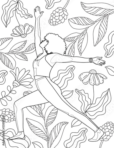 Girl Power. Feminine beauty. Hand drawing coloring for kids and adults. Coloring picture with beautiful girl doing yoga in blooming garden. Happy lifestyle, sport, fitness exercises, love your body