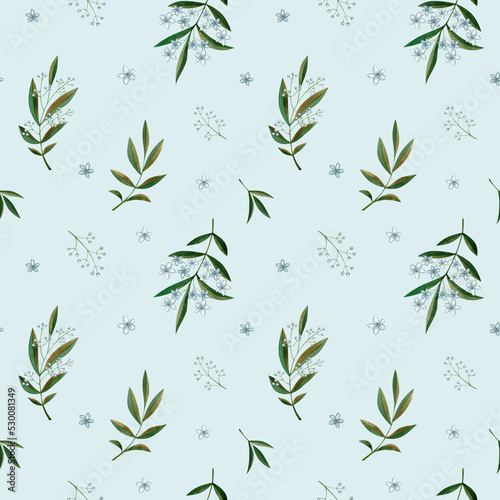 Green watercolor branch with flowers seamless pattern on blue background. Floral botanical design