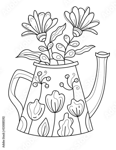 Hand drawn coloring page for kids and adults. Bouquet of flowers in a teapot, watering can. Beautiful drawing with patterns and small details. Coloring book pictures with blooming flowers, gardening