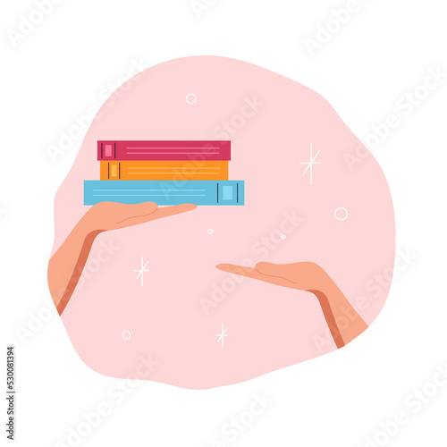 Exchange books or bookcrossing. Hands giving books. Concept of books lovers, education, reading, development, library, donation. Vector flat illustration.