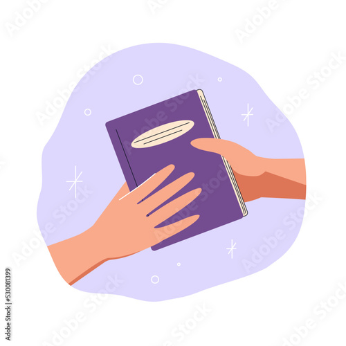 Exchange, buying or donation books. Hands giving books. Concept of books lovers, education, reading, development, library. Vector flat illustration.