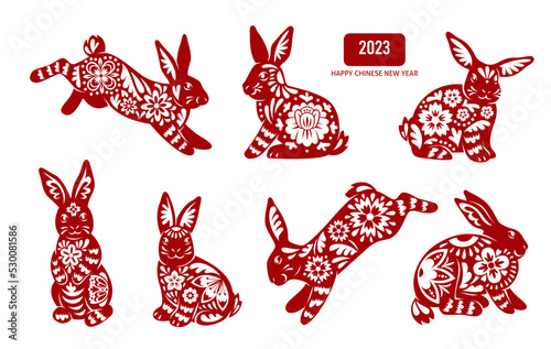Chinese traditional rabbit. Cute new year symbol, red patterned silhouette mascot in different poses, lunar calendar animal, decorative bunny. Horoscope tidy vector isolated set