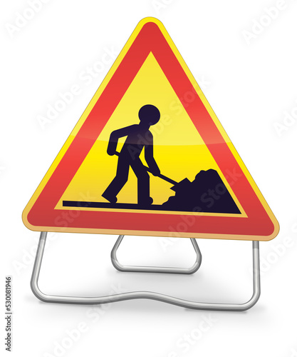 Triangular work in progress temporary danger sign on metal tripod with shadow (isolated)
