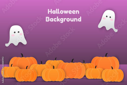 Halloween theme background with cute ghost and orange pumpkins for wallpaper template, cover, web banner, sale. Halloween pumpkin scene for products stage, presentation. Halloween background.