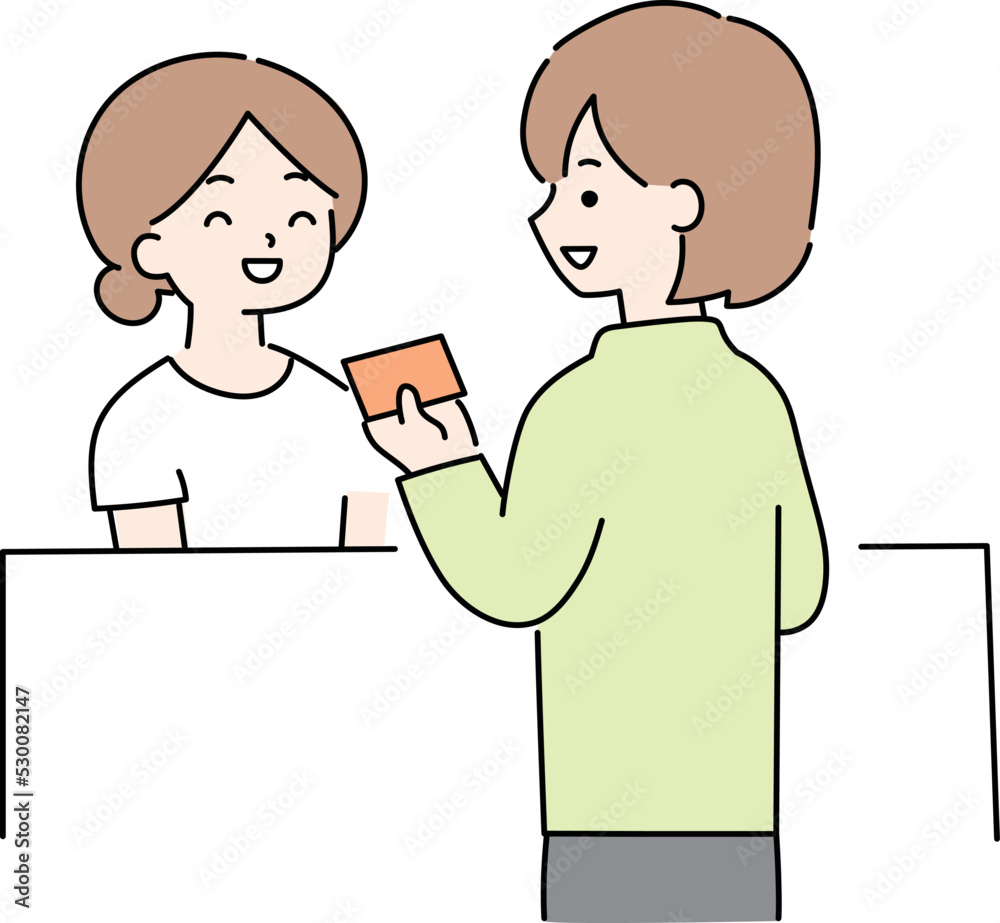 受付でカード払いで会計をする女性のイラスト