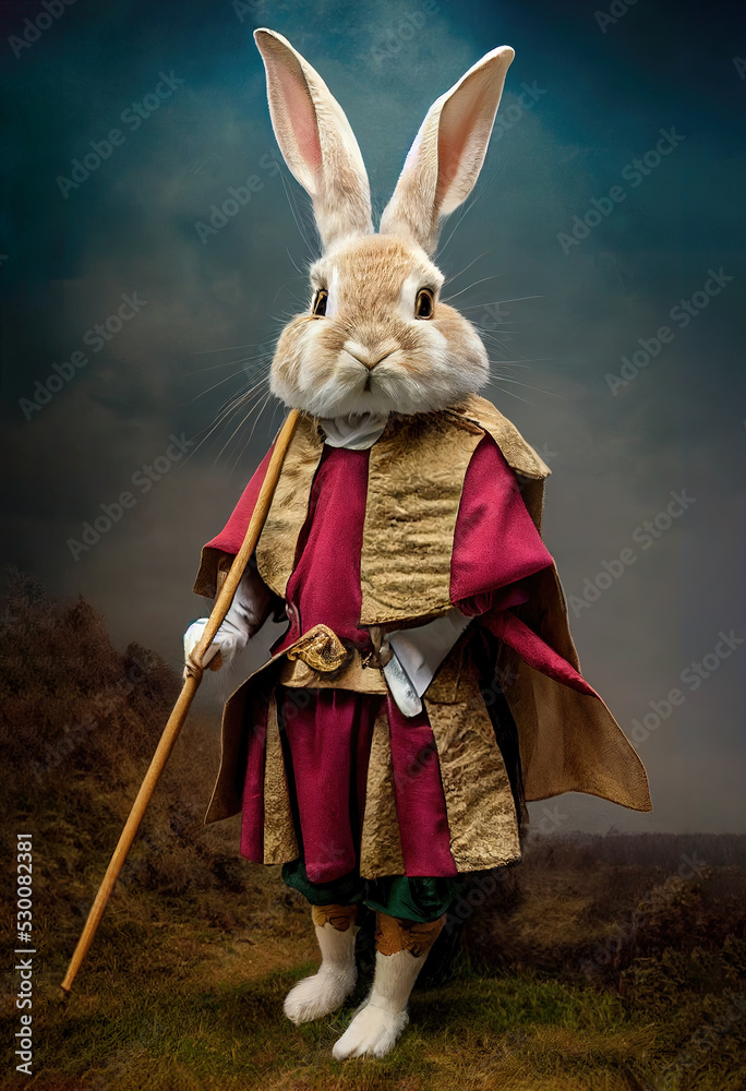Cute rabbit in medieval fashion costume as cosplay illustration - obrazy, fototapety, plakaty 