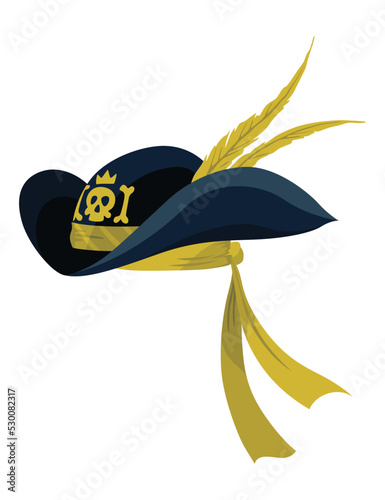 Corsair or pirate hat. Pirate fancy dress, design element. Buccaneer or carnival costume hat. Sea piracy cap fashion, headdress accessory to party with roger