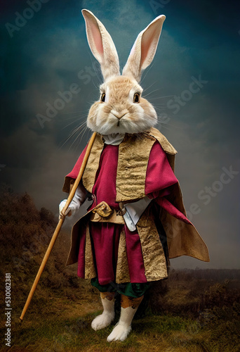 Cute rabbit in medieval fashion costume as cosplay illustration