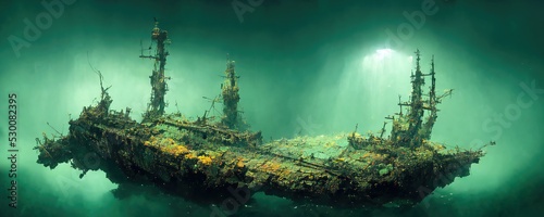 Photo Sunken old ship wreck underwater on ocean floor
