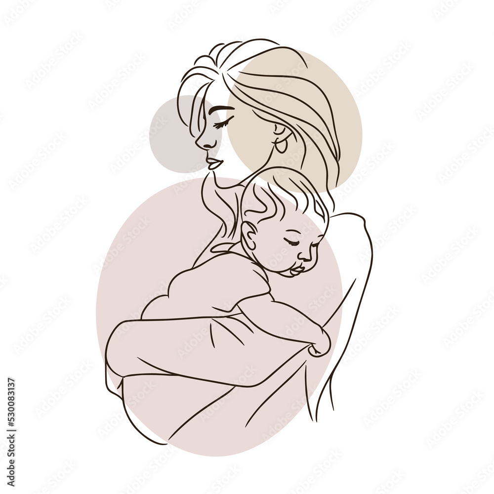 Young mother holding a baby in her arms, nude colors, mother hugging a newborn Young mother holding a baby in her arms, nude colors, mother hugging a newborn