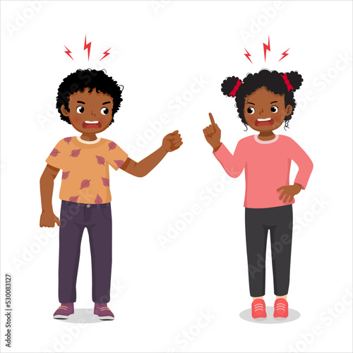 cute African kids little boy and girl angry fighting arguing shouting to each other