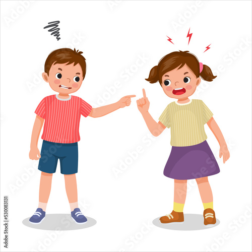 cute kids little boy and girl angry fighting arguing shouting to each other