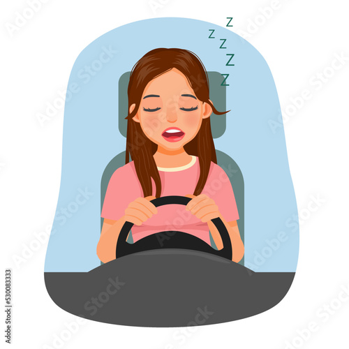Young woman sleepy female driver falling asleep while driving a car 