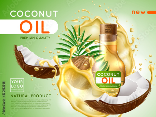 Realistic coconut oil poster. Care serum, liquid hair and skin care product, glass transparent bottle with nut pieces and splashes, marketing promotional banner, utter vector concept