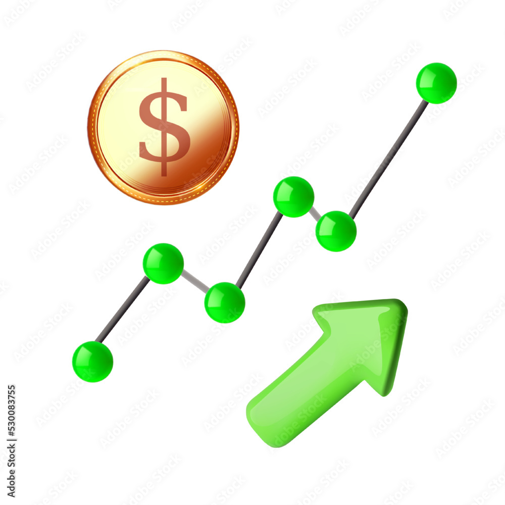 Economic growth set. Dollar coin, arrow and graph. 3D elements. Economic growth set. Dollar coin, arrow and graph. 3D elements.