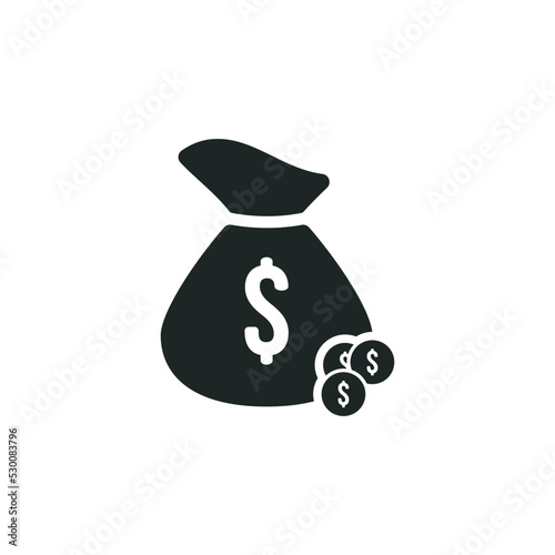Bag of money with hole and coins icon isolated on white background