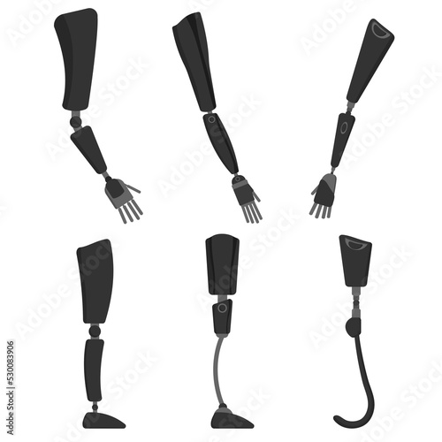 Prostheses of human hands and feet set. Modern black upper limb replacements with bionic sensors for comfortable living and vector sports