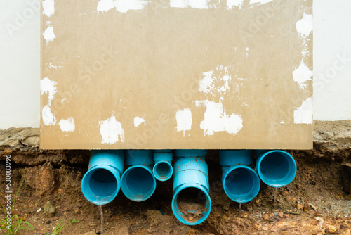 Blue PVC sewer pipe.