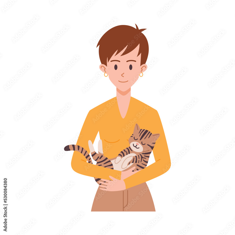 Woman holding cat in hands, flat vector illustration isolated on white background. Woman holding cat in hands, flat vector illustration isolated on white background.