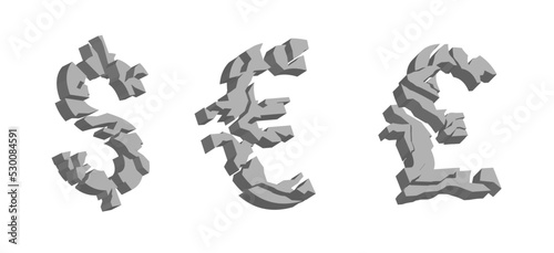 Broken currency symbols. Volume 3d cracked signs of dollar and euro collapse pound sterling
