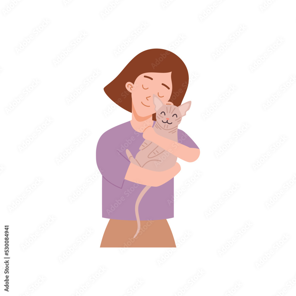 Brunette cute woman hugging sphinx cat flat style, vector illustration