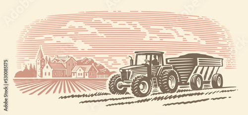 Tractor carries grain. Rural landscape. Autumn harvest