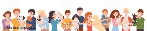 Pet owners hugging their dogs and cats, flat vector illustration on white background.