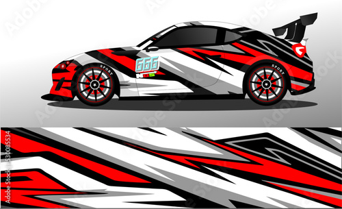 Car wrap design vector, truck and cargo van decal. Graphic abstract stripe racing background designs for vehicle, rally, race, adventure and car racing livery © Arjuna