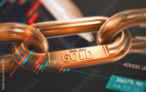 Foto Golden chain with stock market candlestick chart growth