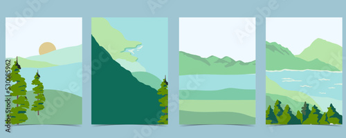 Travel greeting card with mountain,field and sky