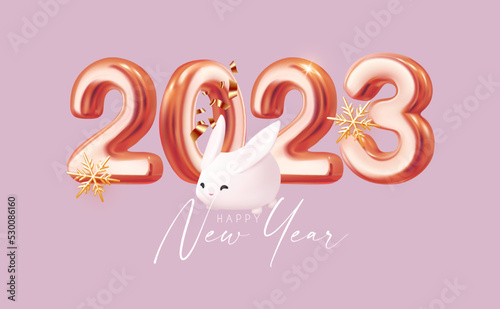 Happy New 2023 Year! Golden text with rabbit.
