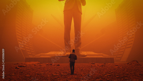 Blade Runner Inspired dystopian scene of man walking in orange fog toward large statue