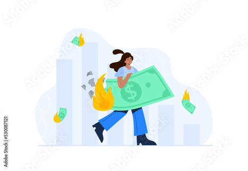 Financial concept. Personal budget, relationship with money, economic problems. A young woman loses money and savings due inflation. Vector flat illustrations isolated on the white background.