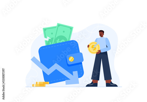 Financial concept. Personal budget, economic problems. A man loses money from investment mistake, tax or expense. Vector flat illustrations isolated on the white background.
