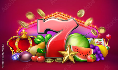 Casino gambling banner with various symbols of a slot game isolated on red background. 3D illustrations photo