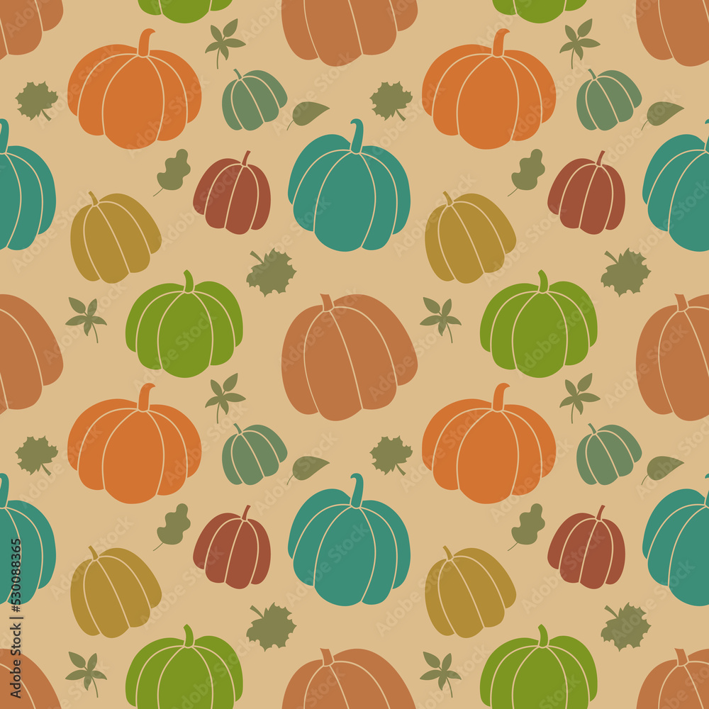 Autumn vector pattern. Seamless harvest background with colorful silhouettes of pumpkins and fall leaves. Hand drawn Thanksgiving and autumn season symbols
