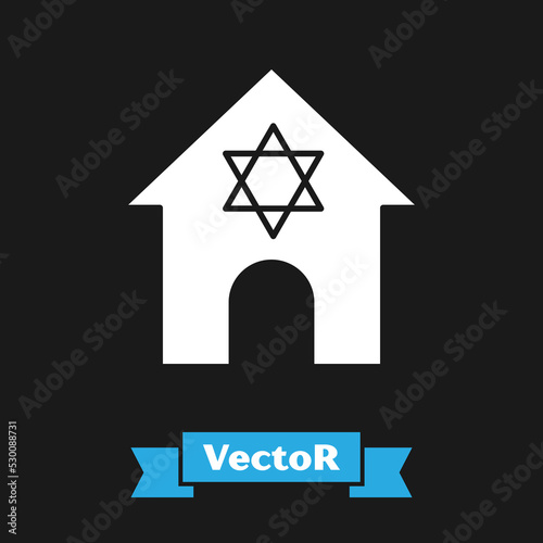 White Jewish synagogue building or jewish temple icon isolated on black background. Hebrew or judaism construction with David star. Vector