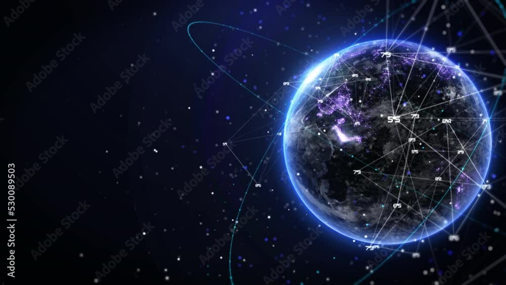 Abstract digital realistic of spinning earth with data low poly number, flare ring, futuristic line 4K motion background. Concept of global business and technology.