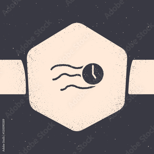Grunge Time flies on the clock icon isolated on grey background. Monochrome vintage drawing. Vector