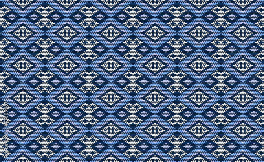 White and Blue Knitted Pattern Vector, Embroidery Template Background, Textile Crochet for digital print, Fashion Decorative vintage