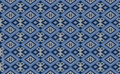 White and Blue Knitted Pattern Vector, Embroidery Template Background, Textile Crochet for digital print, Fashion Decorative vintage