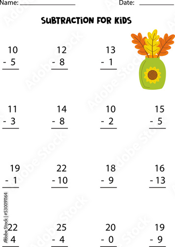 Subtraction with autumn vase. Educational math game for kids.